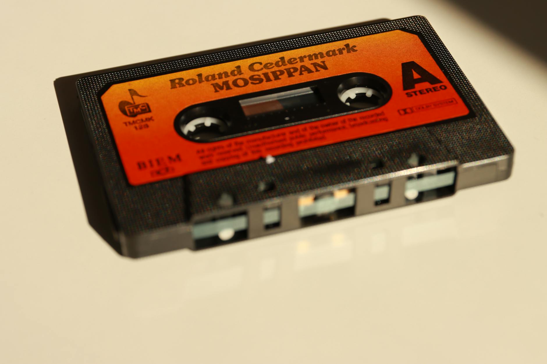 Close-up of a vintage cassette tape titled 'Mosippan' by Roland Cedermark, with a retro design.