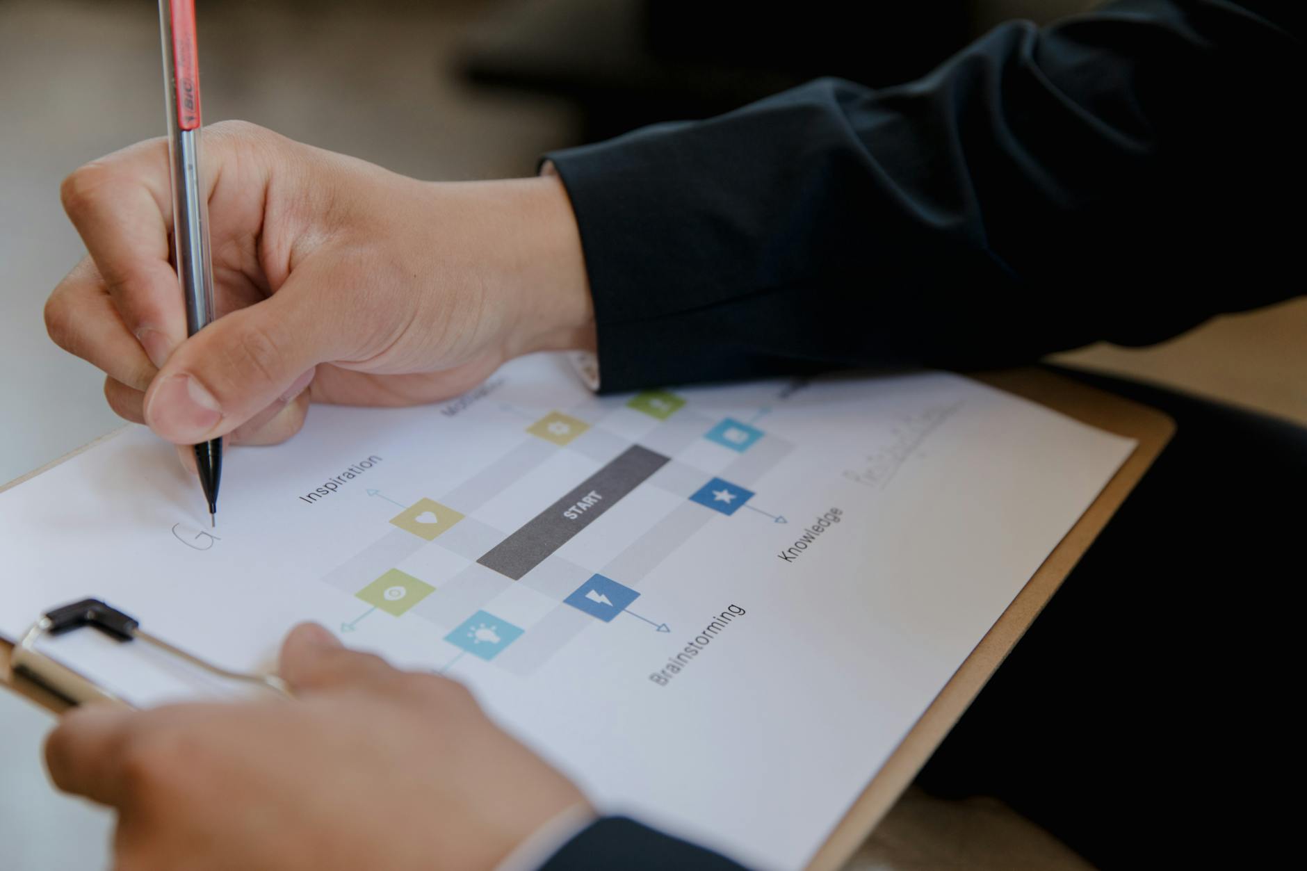 Close-up of a person writing on a business strategy document with a pen.